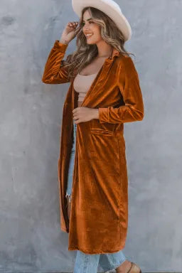 Rust Velvet Lapel Pocket Long Coat