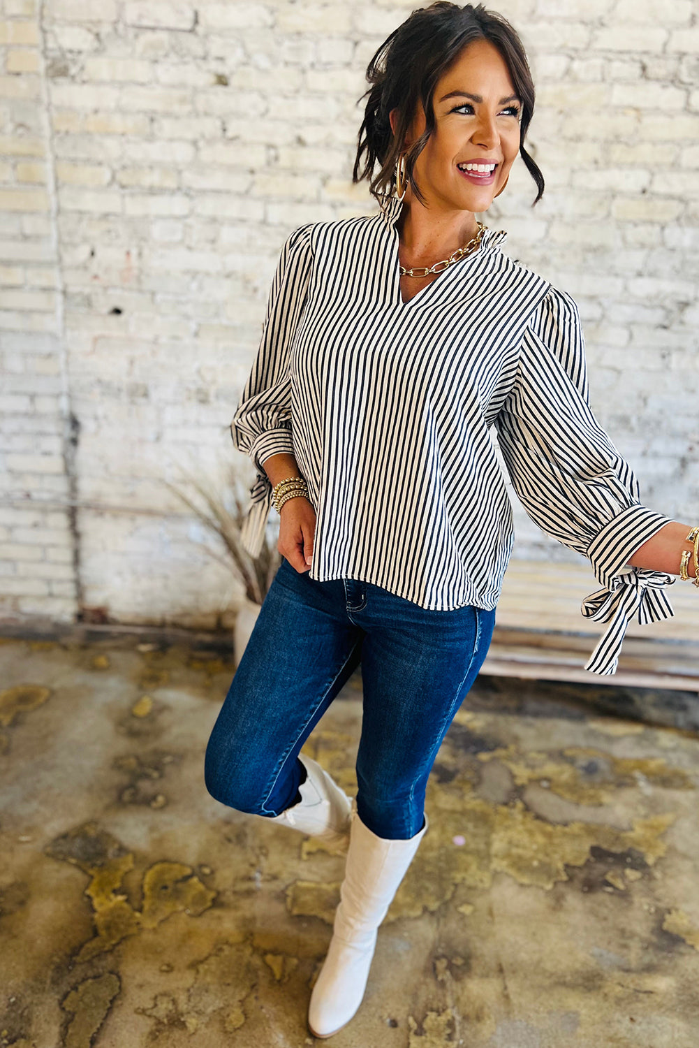 Black Stripe Frill V Neck Knot Cuffs Blouse Shewin