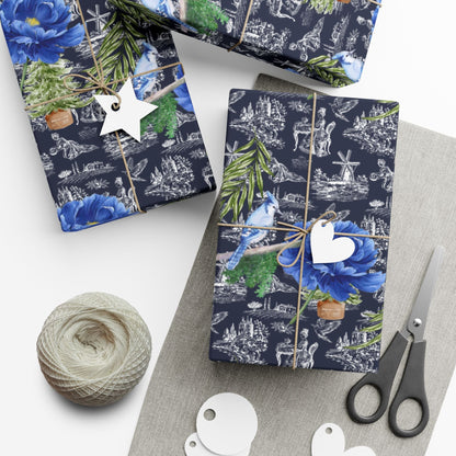 Blue Floral with Christmas Greenery Wrapping paper Printify