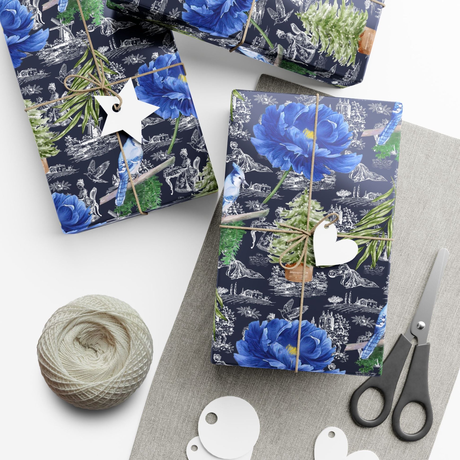 Blue Floral with Christmas Greenery Wrapping paper Printify