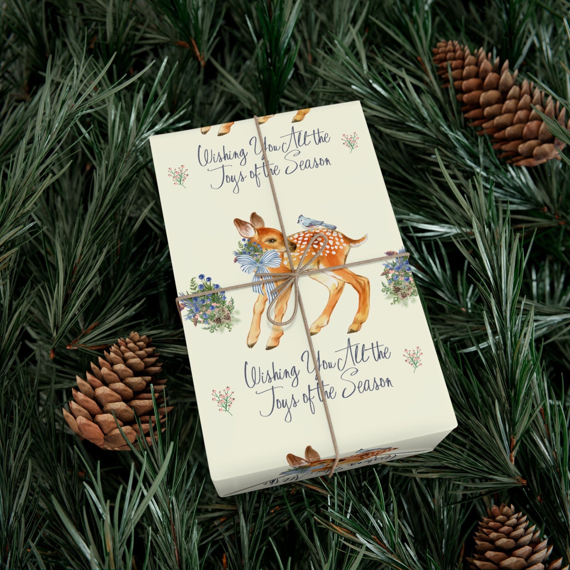 Chinoiserie Christmas Deer Wrapping Paper Rolls, Holiday Gift Packaging, Festive Xmas Patterns, Vintage Woodland Printify