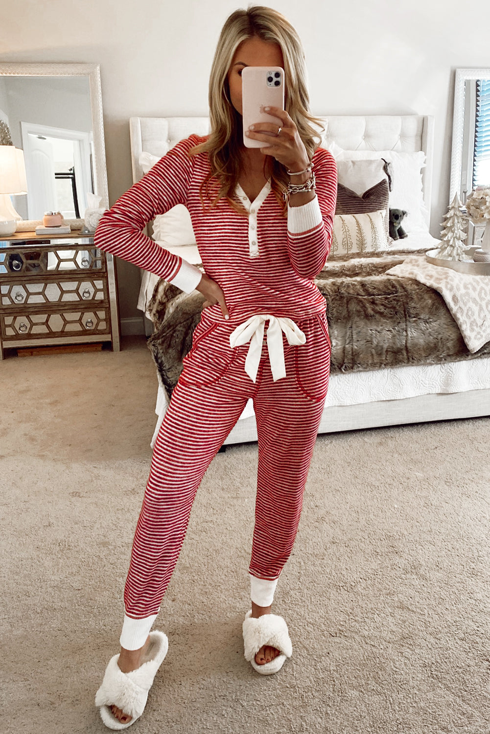 Red Striped Top and Knotted Waist Pants Pajama Set