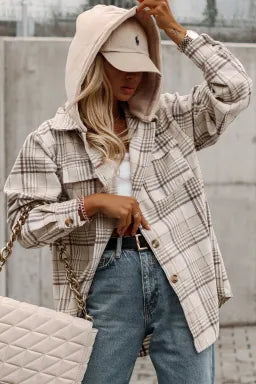 Khaki Plaid Removable Hooded Button Up Jacket/Shacket