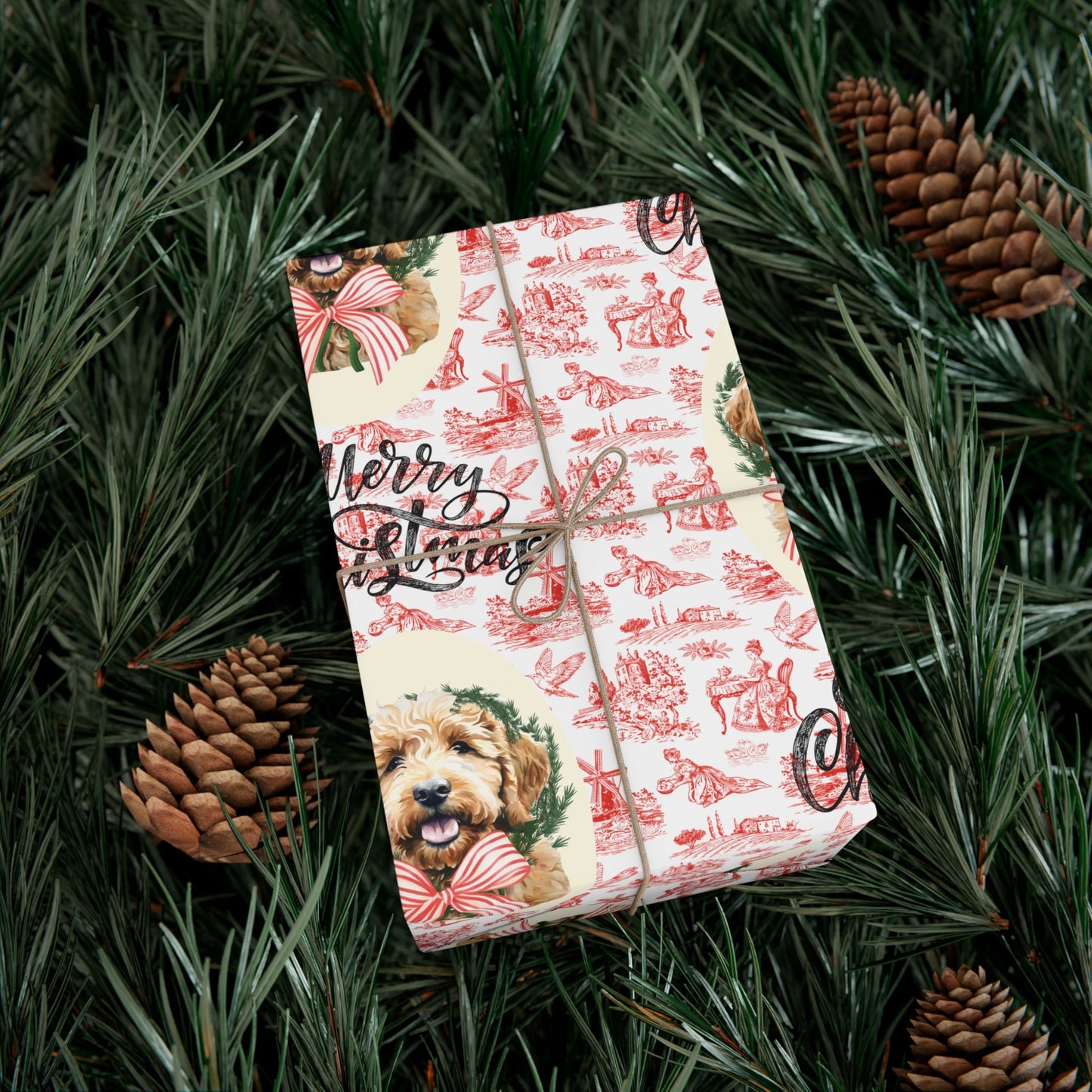 Vintage Red Toile Goldendoodle Christmas Wrapping Paper Printify