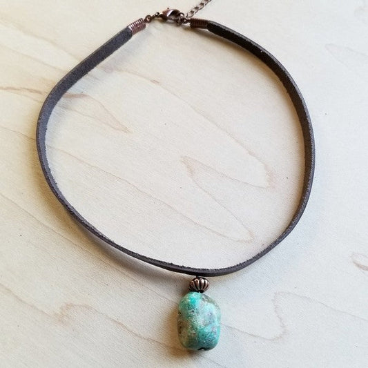 Leather Choker with African Turquoise accent - Greta Bean & Co.