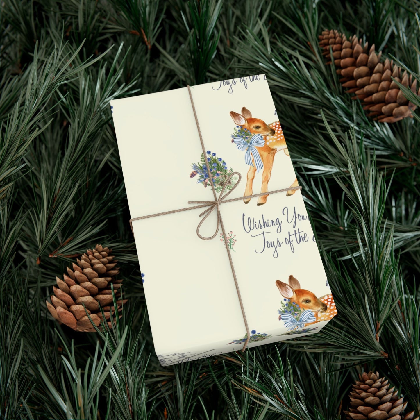 Chinoiserie Christmas Deer Wrapping Paper Rolls, Holiday Gift Packaging, Festive Xmas Patterns, Vintage Woodland Printify