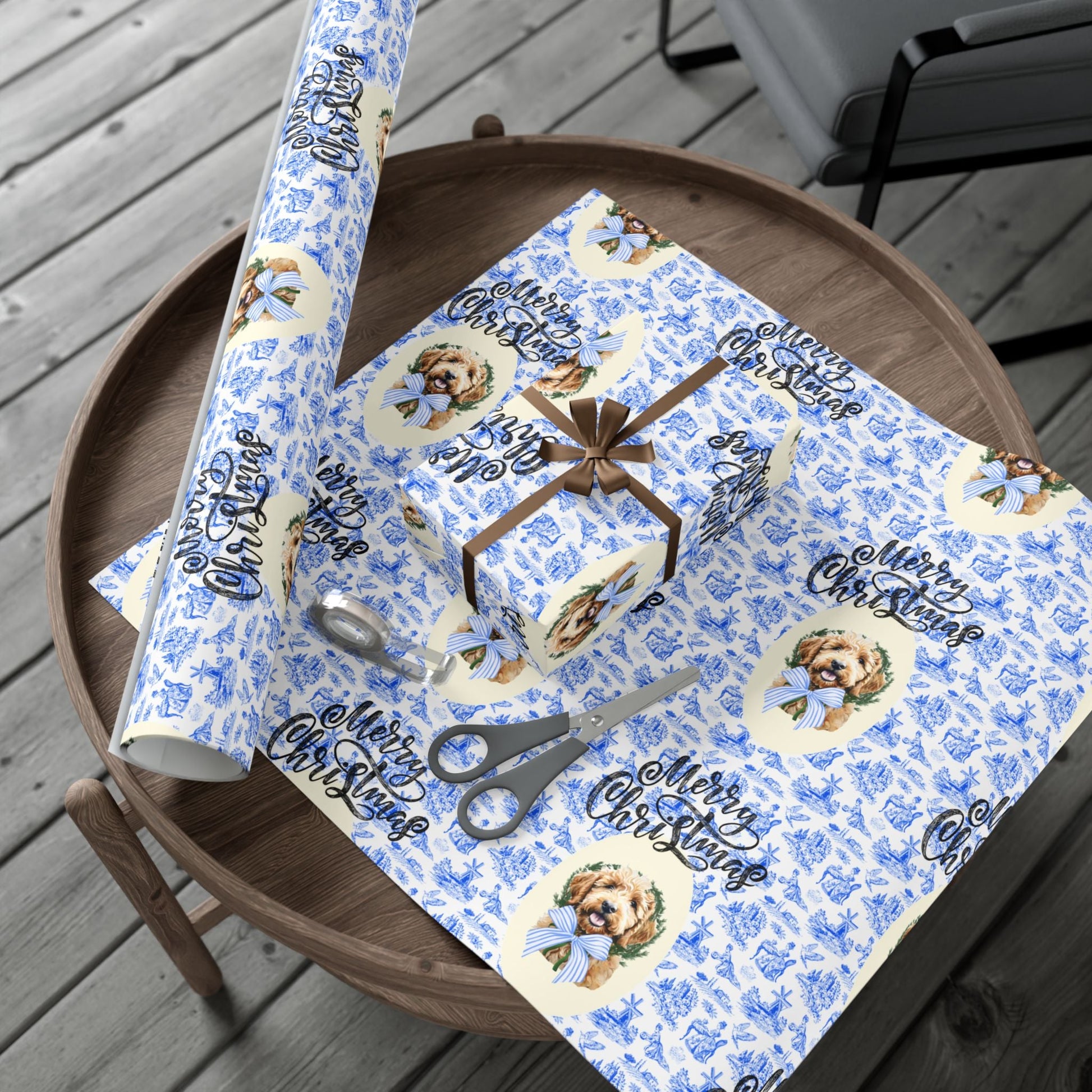 Vintage Blue Toile Goldendoodle Christmas Wrapping Paper Printify