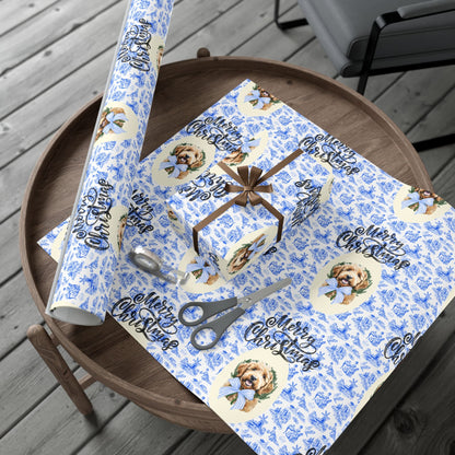 Vintage Blue Toile Goldendoodle Christmas Wrapping Paper Printify