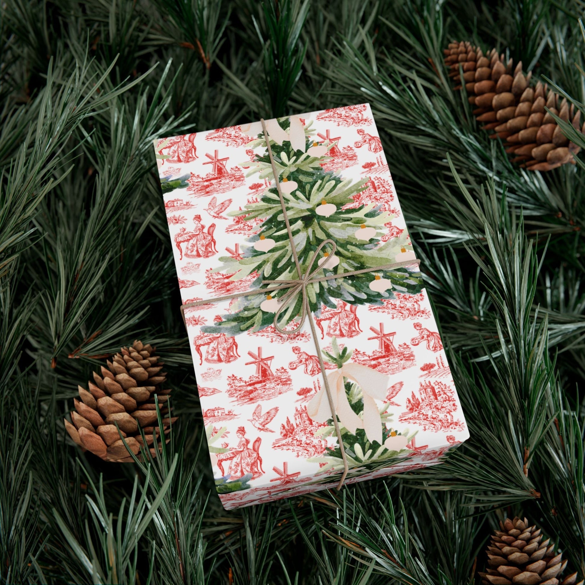 Vintage Red Toile Christmas Wrapping Paper Printify