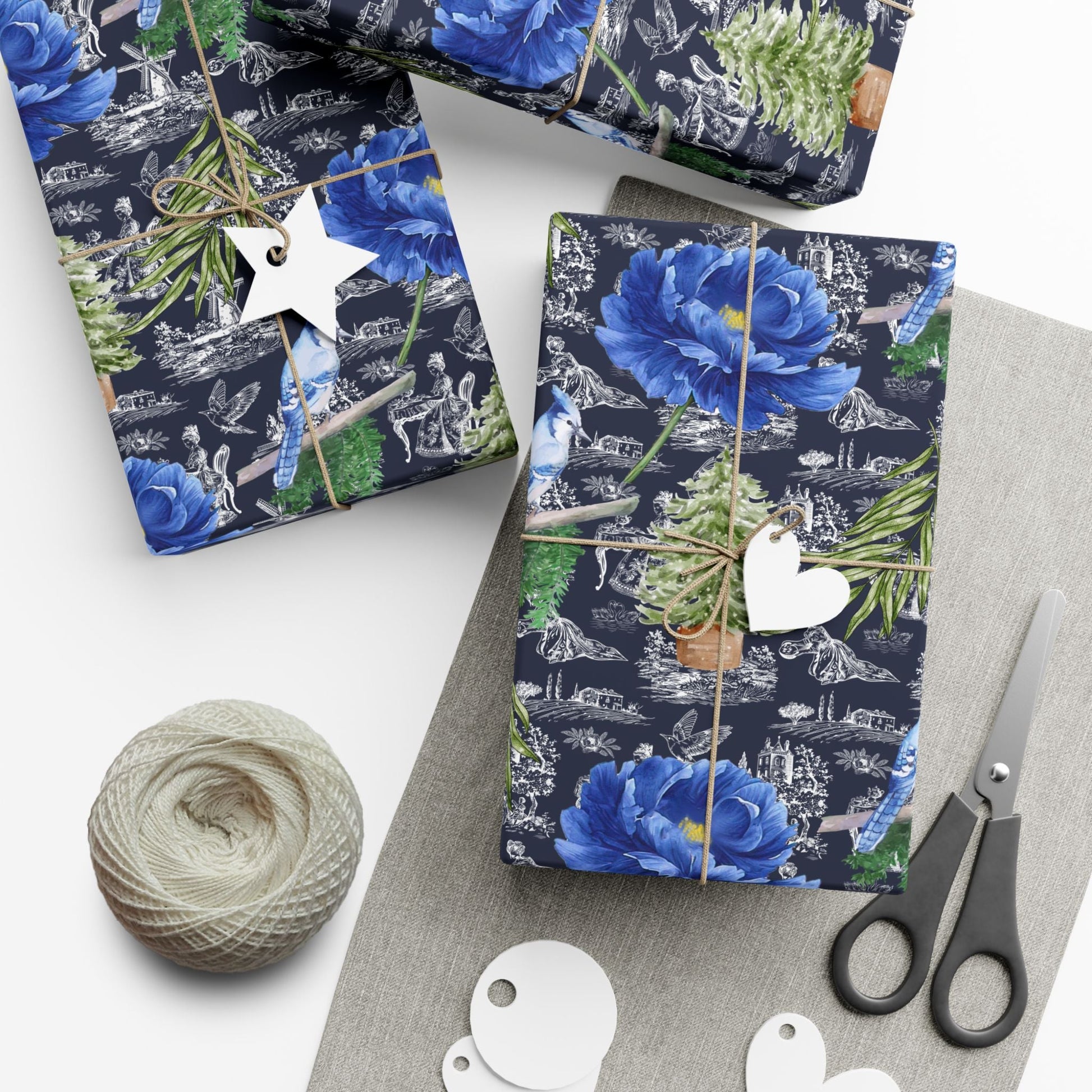 Blue Floral with Christmas Greenery Wrapping paper Printify