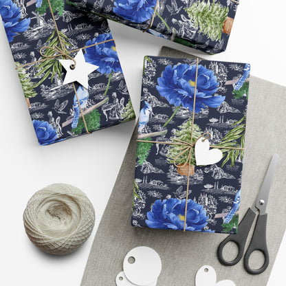 Blue Floral with Christmas Greenery Wrapping paper Printify