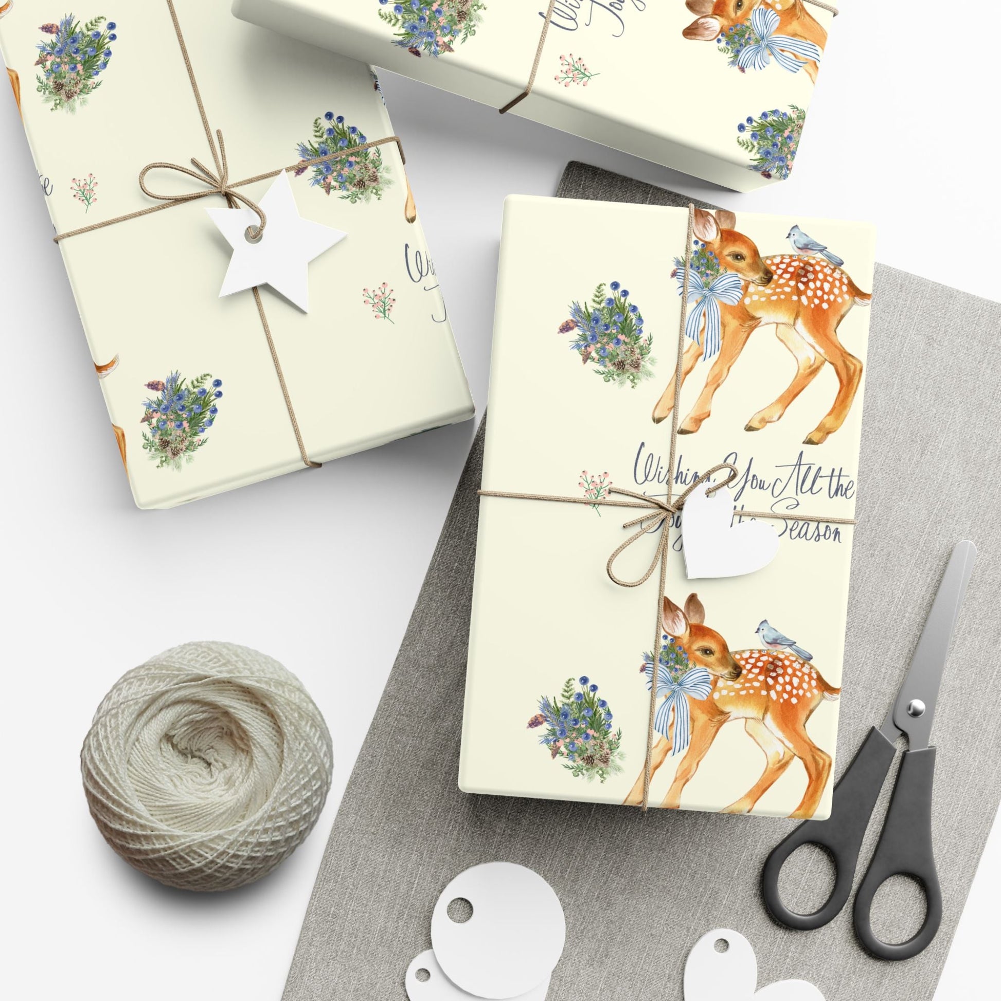 Chinoiserie Christmas Deer Wrapping Paper Rolls, Holiday Gift Packaging, Festive Xmas Patterns, Vintage Woodland Printify