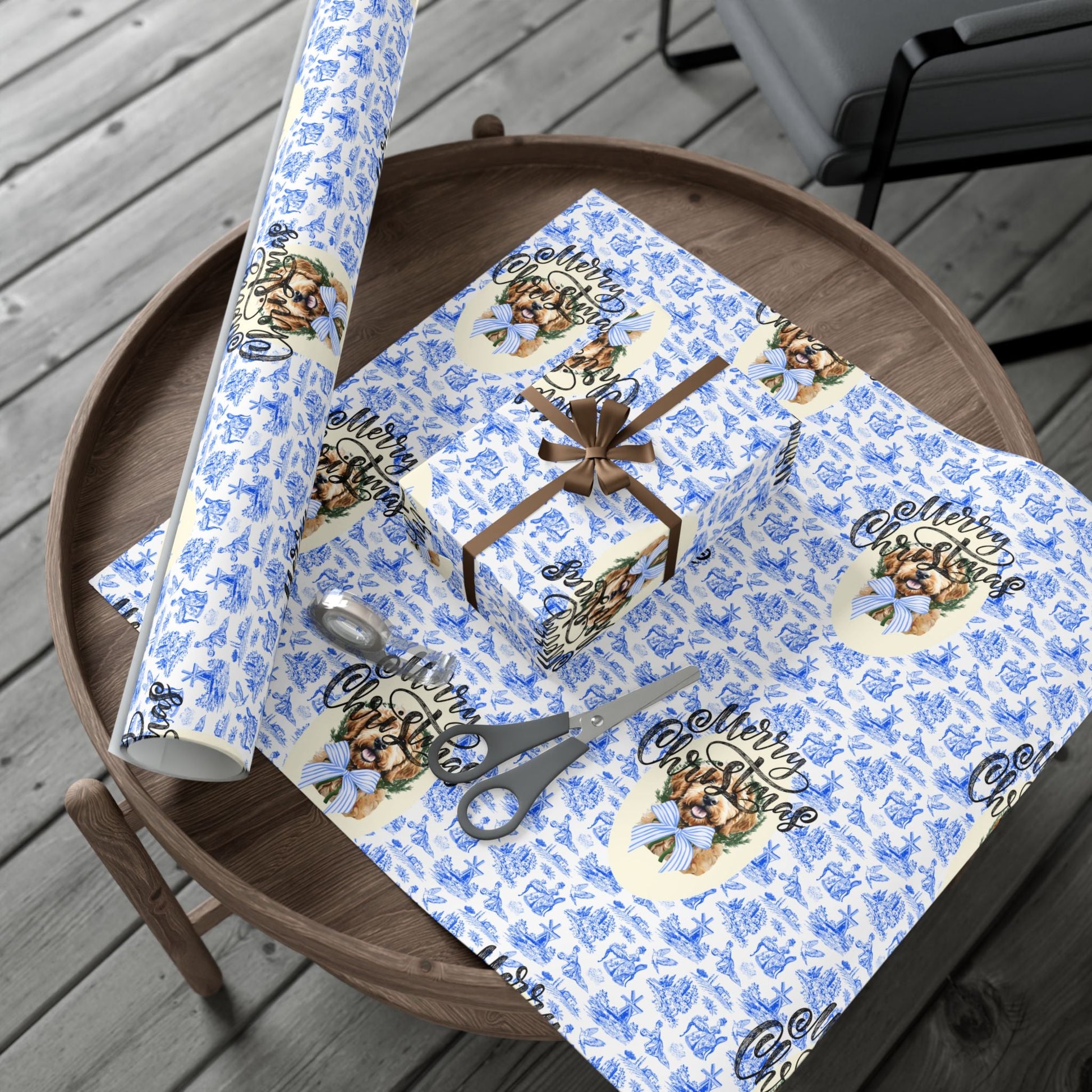 Vintage Blue Toile Goldendoodle Christmas Wrapping Paper Printify