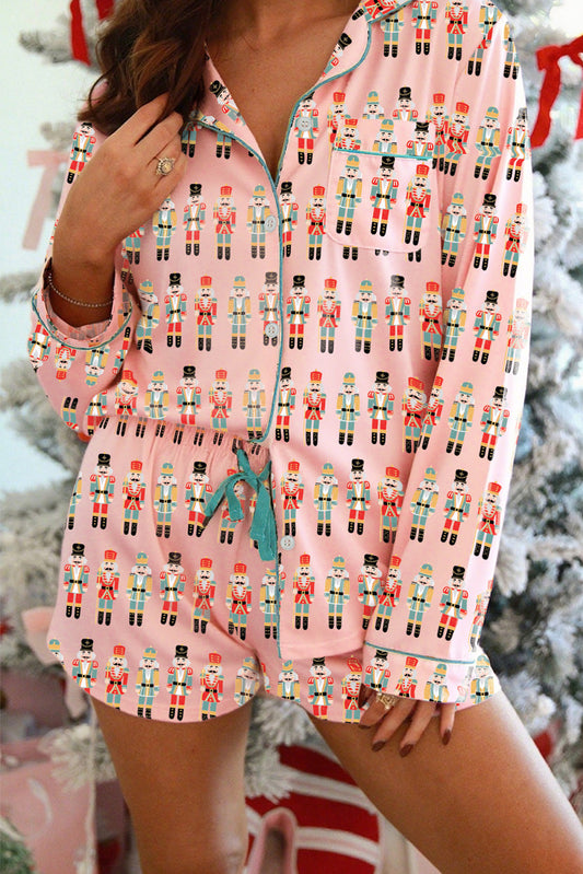 Pink Nutcracker March Long Sleeve Button Up 2pcs Pajama Short Set Dear-Lover Dropshipping