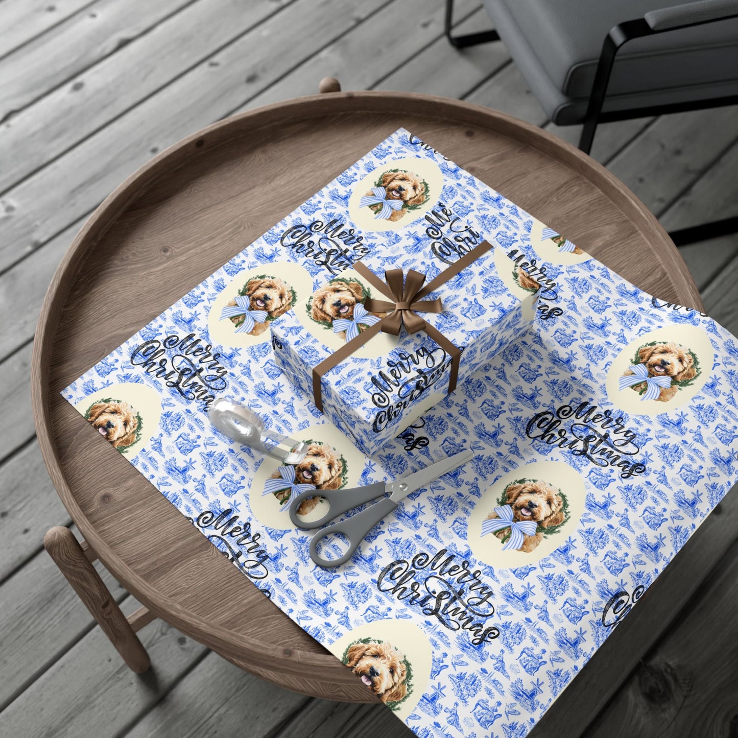 Vintage Blue Toile Goldendoodle Christmas Wrapping Paper Printify