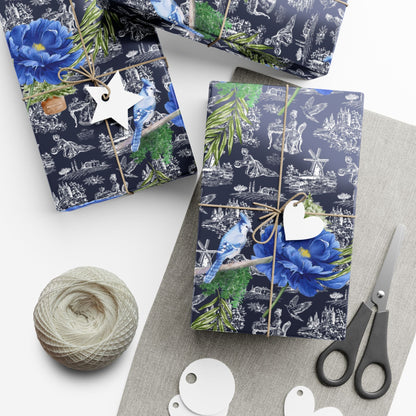 Blue Floral with Christmas Greenery Wrapping paper Printify