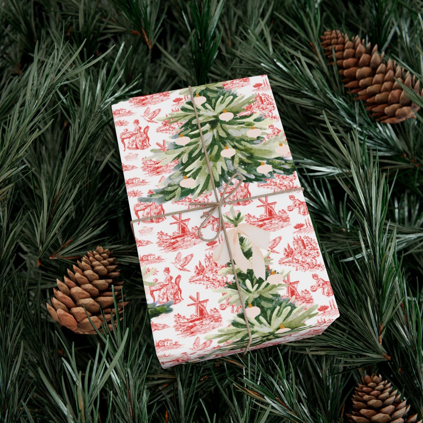 Vintage Red Toile Christmas Wrapping Paper Printify