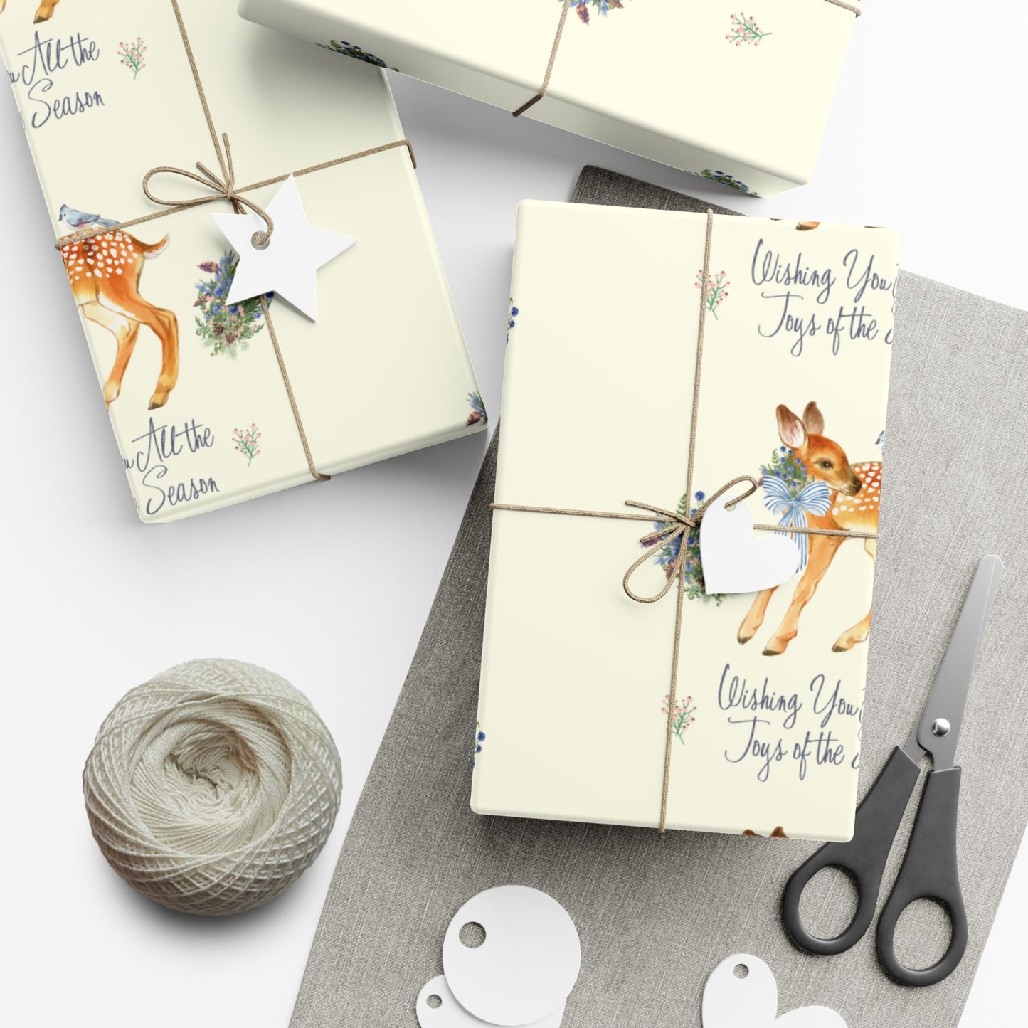 Chinoiserie Christmas Deer Wrapping Paper Rolls, Holiday Gift Packaging, Festive Xmas Patterns, Vintage Woodland Printify