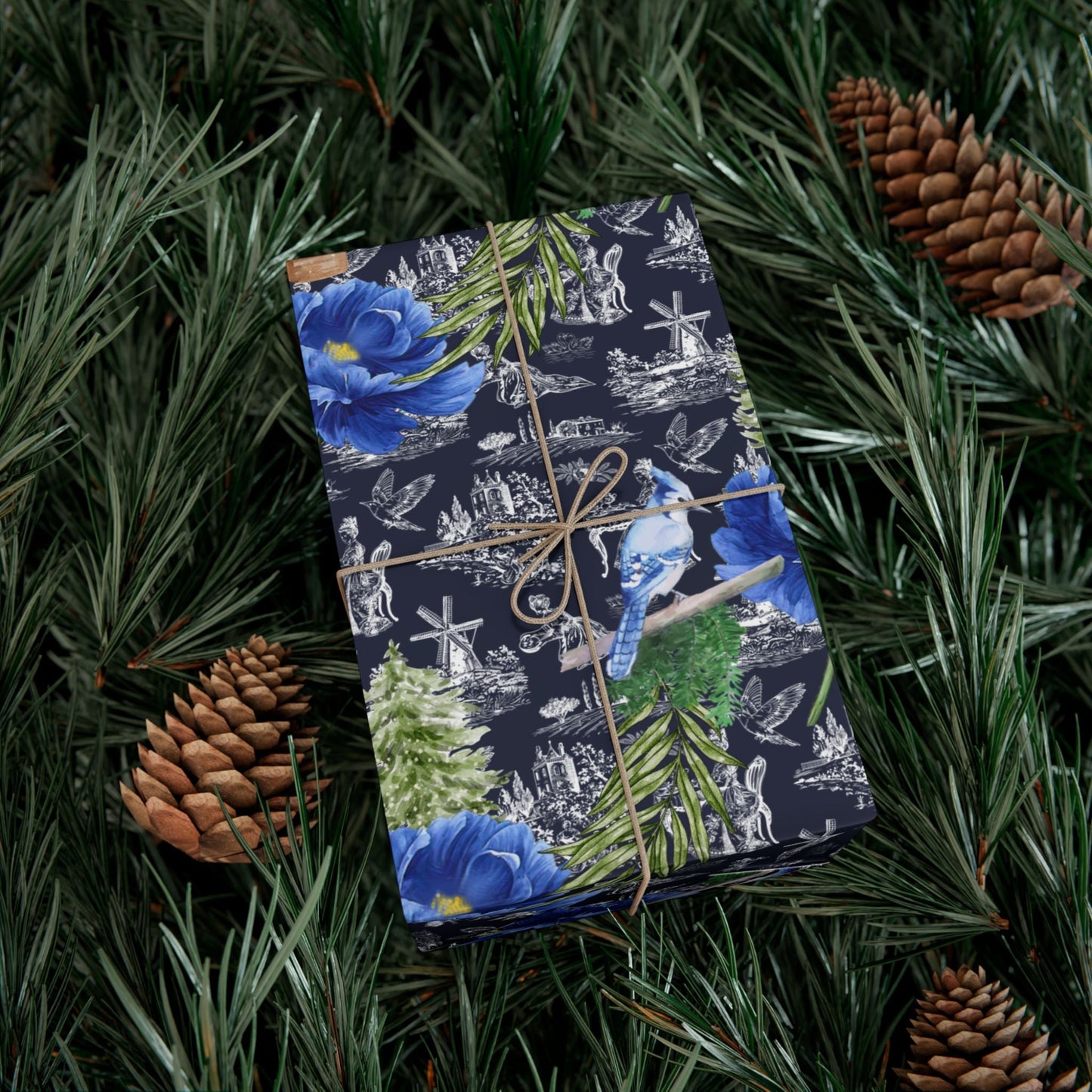 Blue Floral with Christmas Greenery Wrapping paper Printify