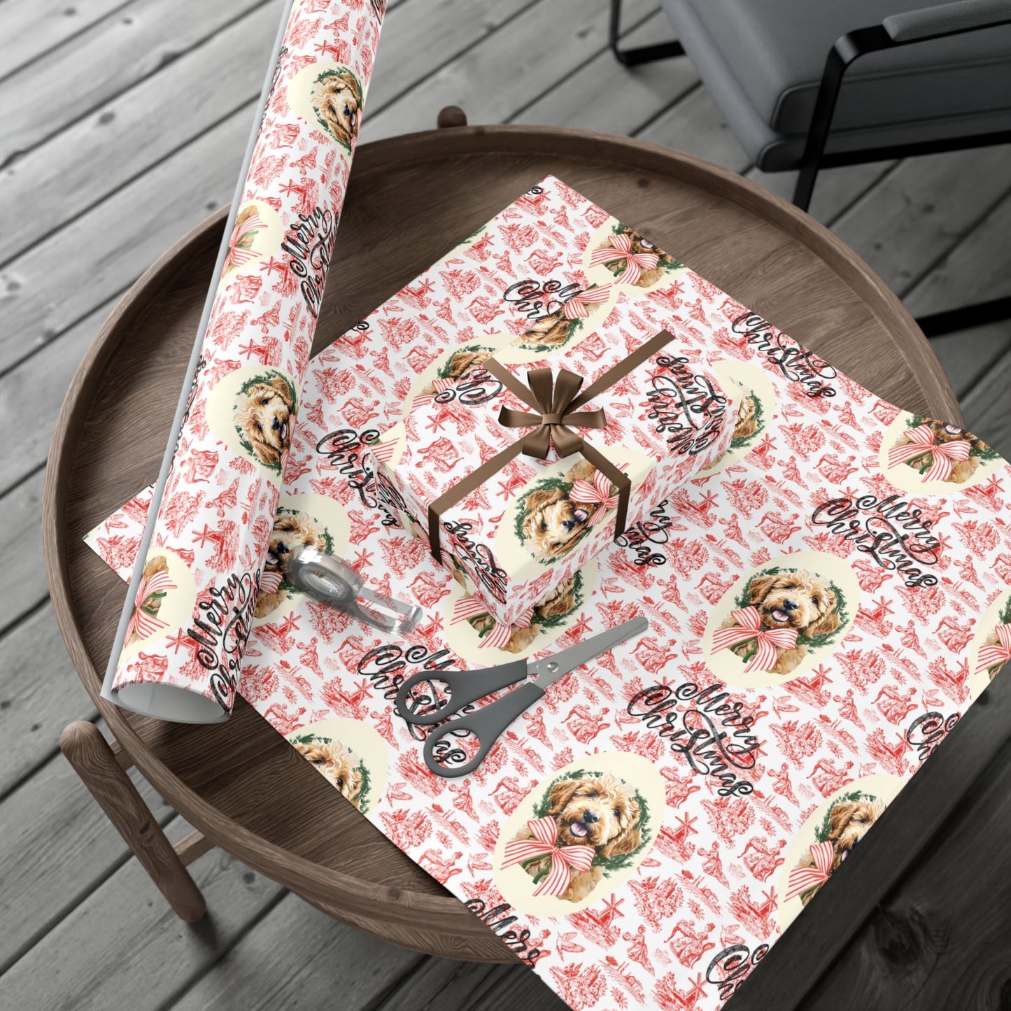 Vintage Red Toile Goldendoodle Christmas Wrapping Paper Printify