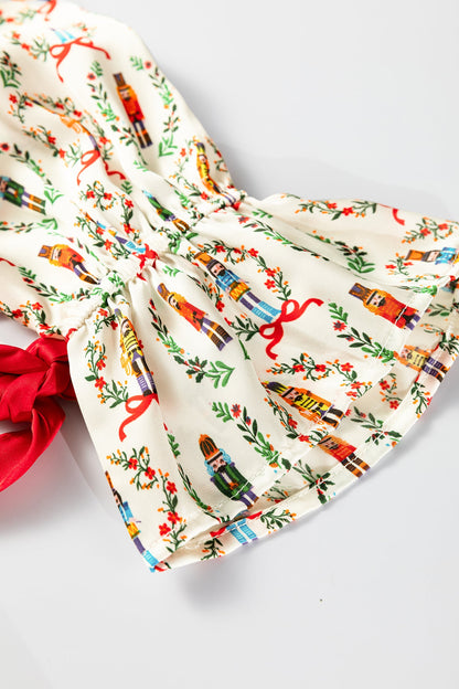 Beige Nutcracker Print Contrast Trim Tied up Bow Silky 2pcs Pajama Set Dear-Lover Dropshipping