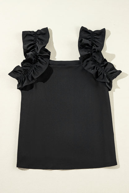 Black Solid Ruffle Trim Sleeveless Blouse