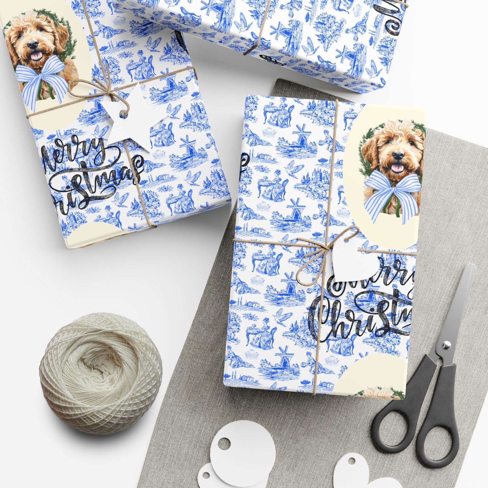 Vintage Blue Toile Goldendoodle Christmas Wrapping Paper Printify
