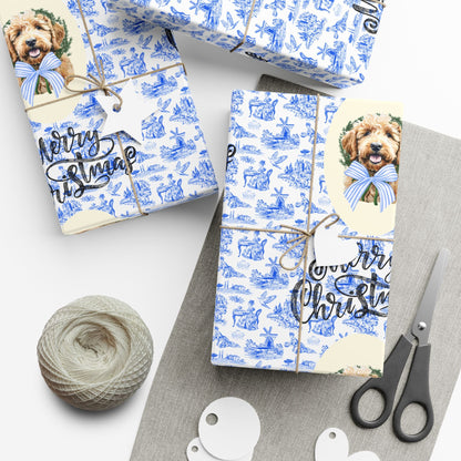 Vintage Blue Toile Goldendoodle Christmas Wrapping Paper Printify