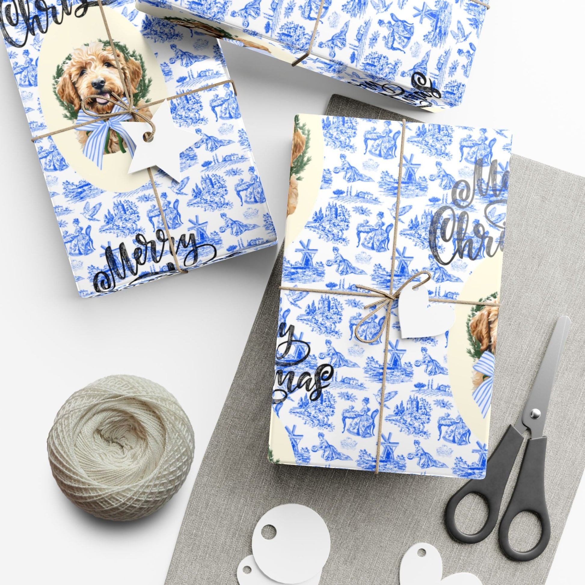 Vintage Blue Toile Goldendoodle Christmas Wrapping Paper Printify