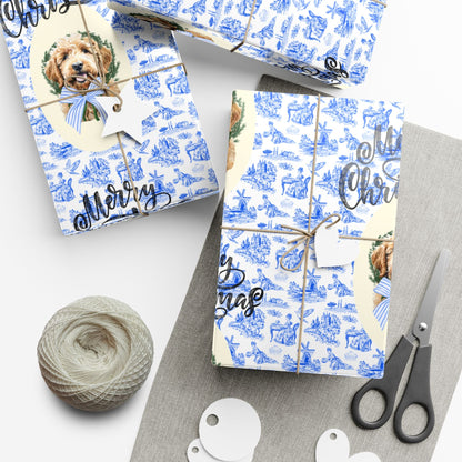 Vintage Blue Toile Goldendoodle Christmas Wrapping Paper Printify