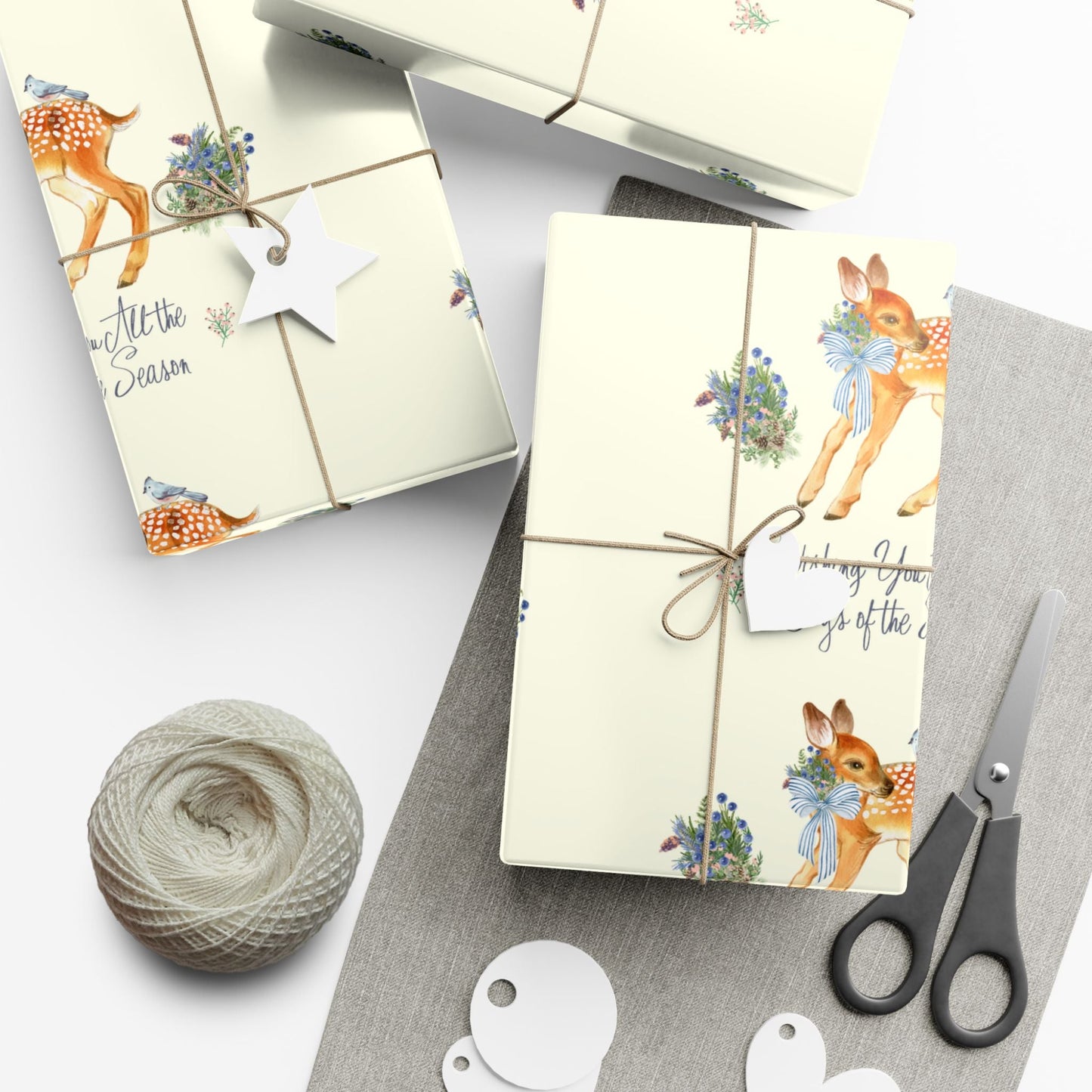 Chinoiserie Christmas Deer Wrapping Paper Rolls, Holiday Gift Packaging, Festive Xmas Patterns, Vintage Woodland Printify