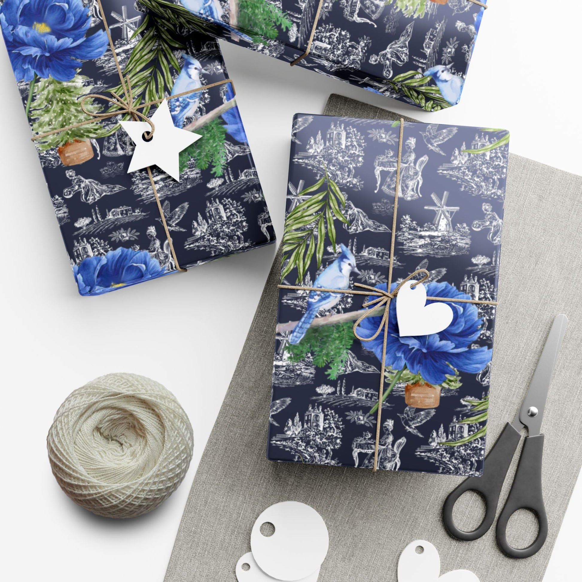 Blue Floral with Christmas Greenery Wrapping paper Printify