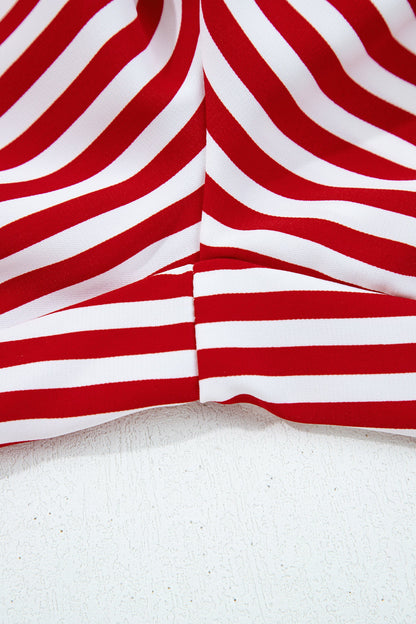 Red Stripe Contrast Velvet Trim Bow Knot Waist 2pcs Pajama Set Dear-Lover Dropshipping