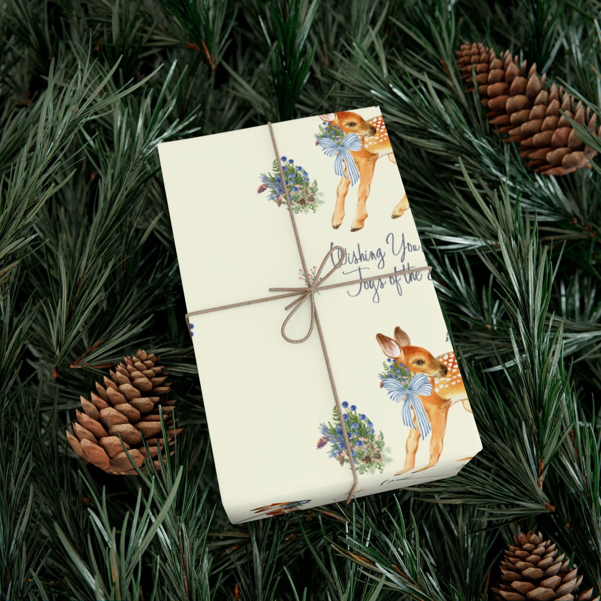 Chinoiserie Christmas Deer Wrapping Paper Rolls, Holiday Gift Packaging, Festive Xmas Patterns, Vintage Woodland Printify