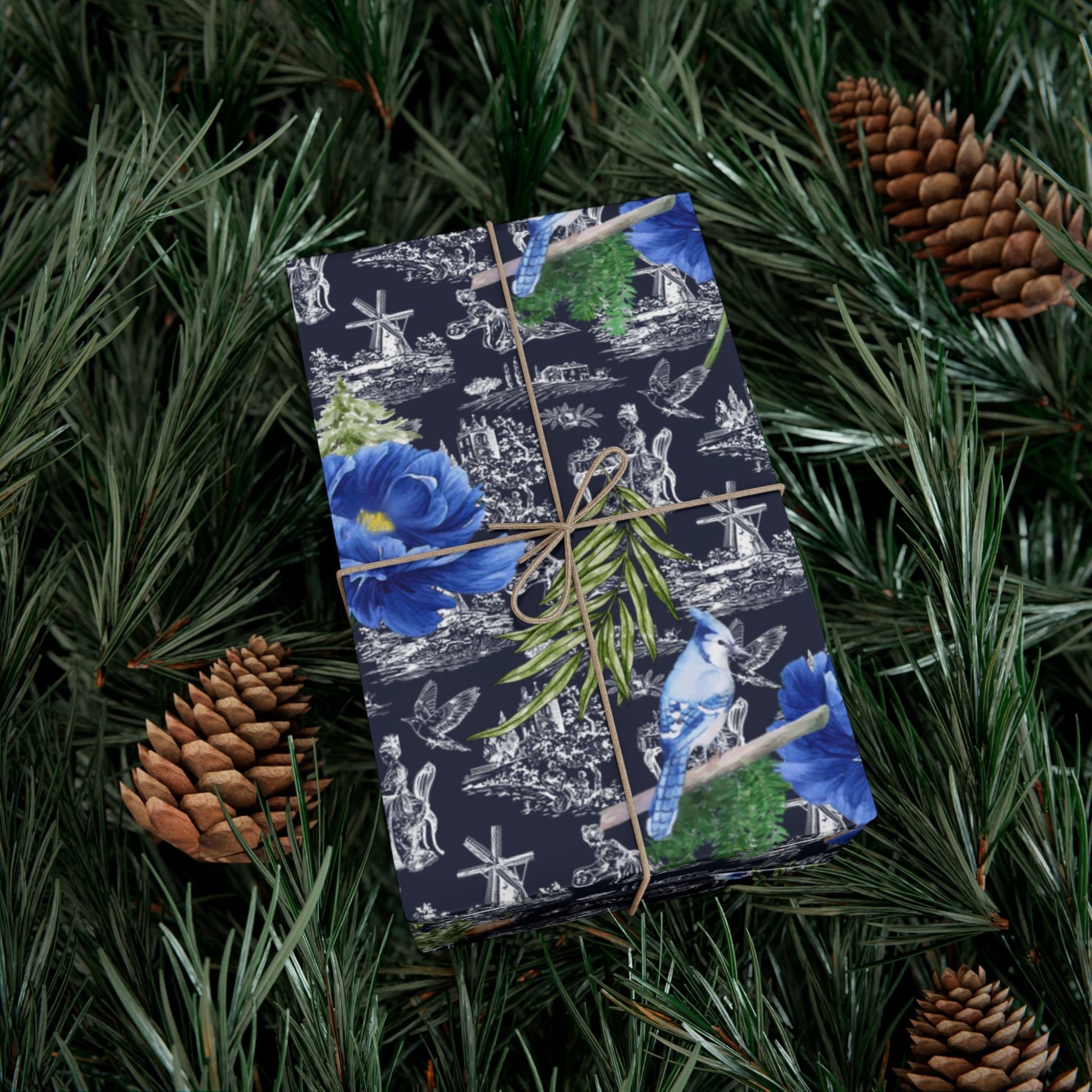 Blue Floral with Christmas Greenery Wrapping paper Printify