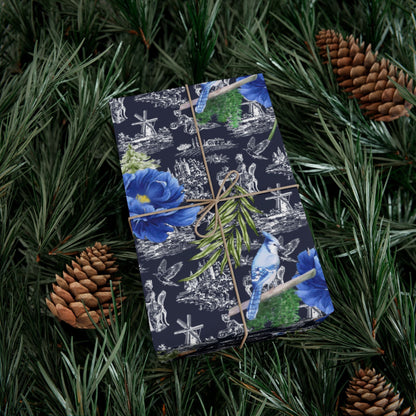 Blue Floral with Christmas Greenery Wrapping paper Printify