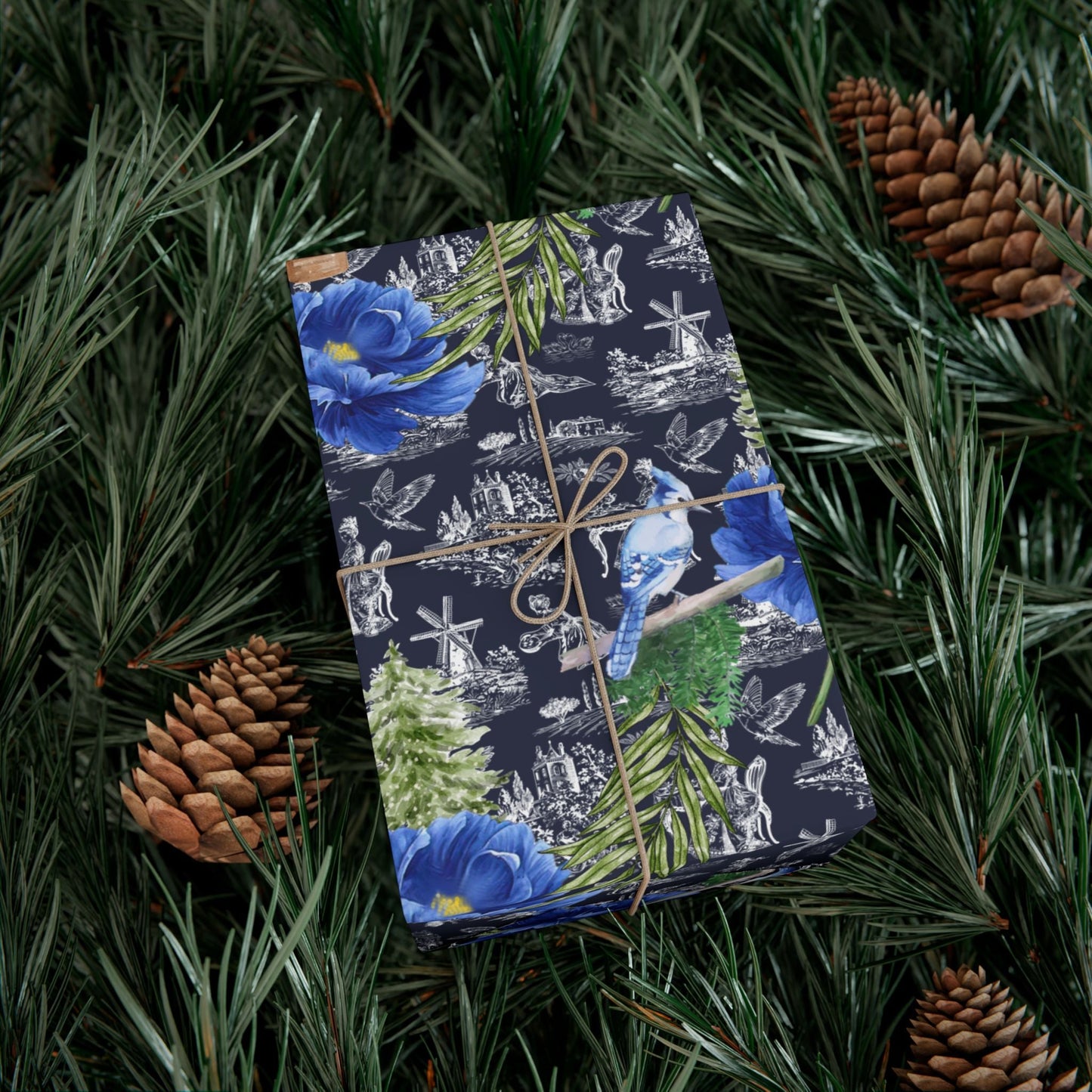 Blue Floral with Christmas Greenery Wrapping paper Printify