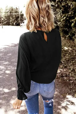 Black Smocked Cuffs Long Sleeve Blouse