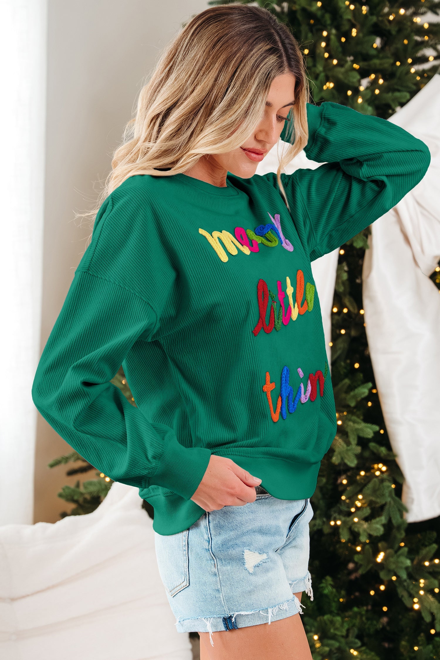 Beige merry little thing Corded Letter Graphic Ribbed Loose Sweatshirt Dear-Lover Dropshipping