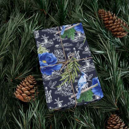 Blue Floral with Christmas Greenery Wrapping paper Printify