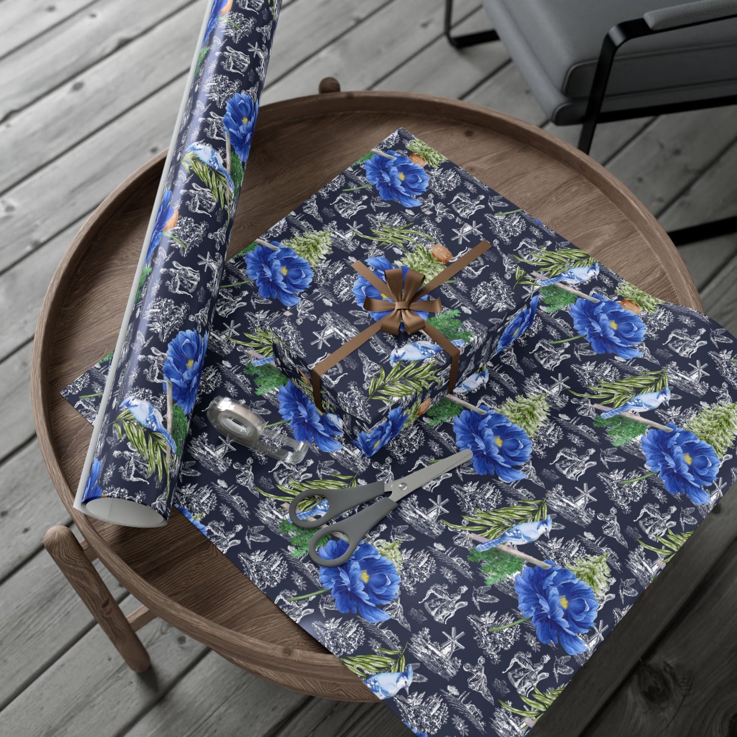 Blue Floral with Christmas Greenery Wrapping paper Printify