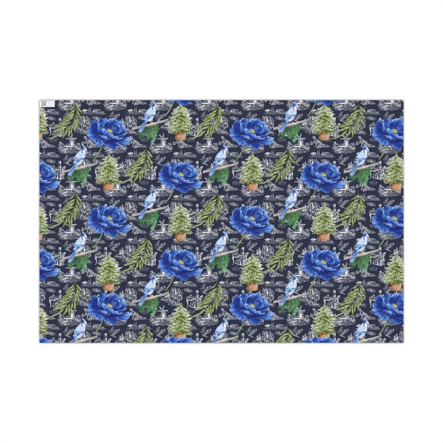 Blue Floral with Christmas Greenery Wrapping paper Printify