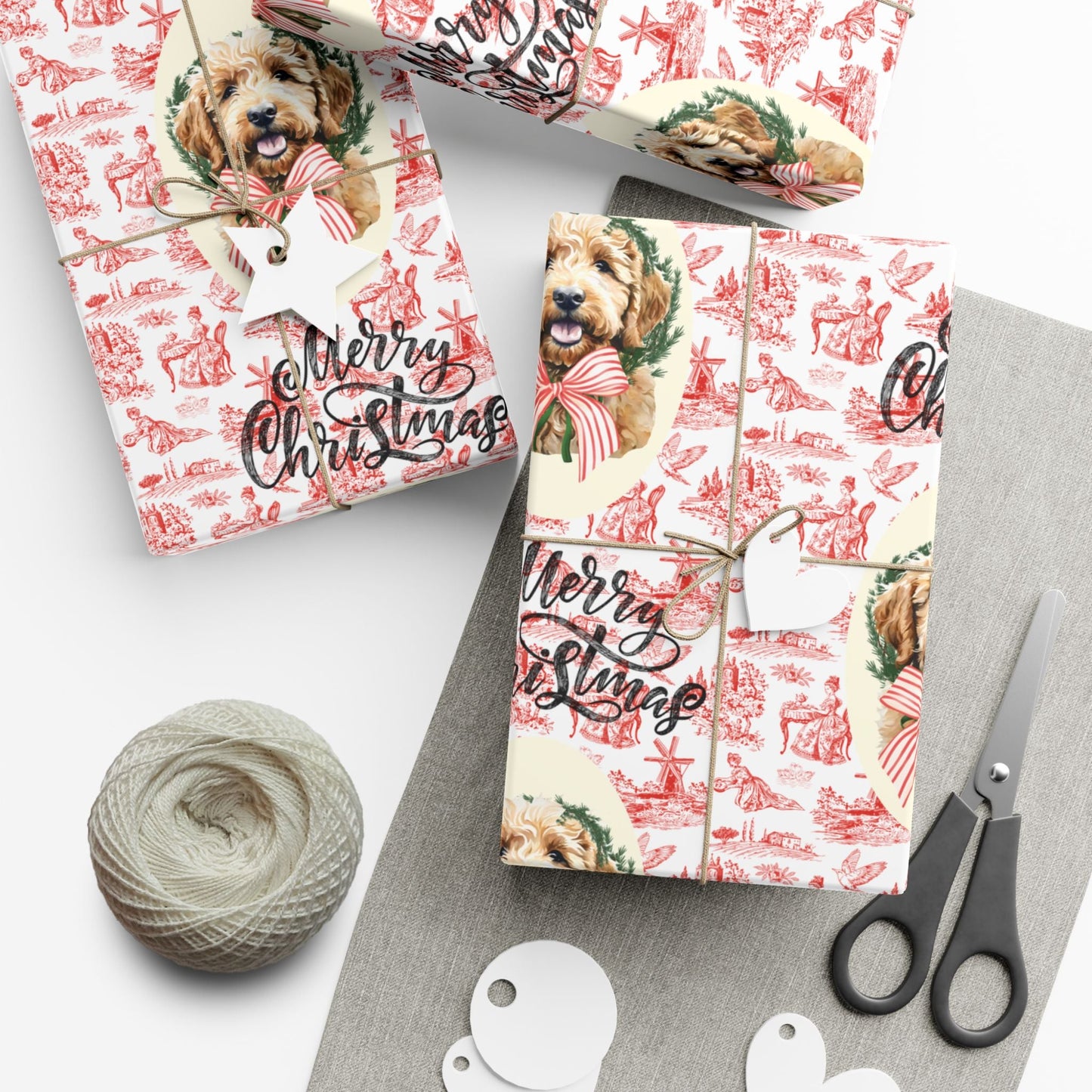 Vintage Red Toile Goldendoodle Christmas Wrapping Paper Printify