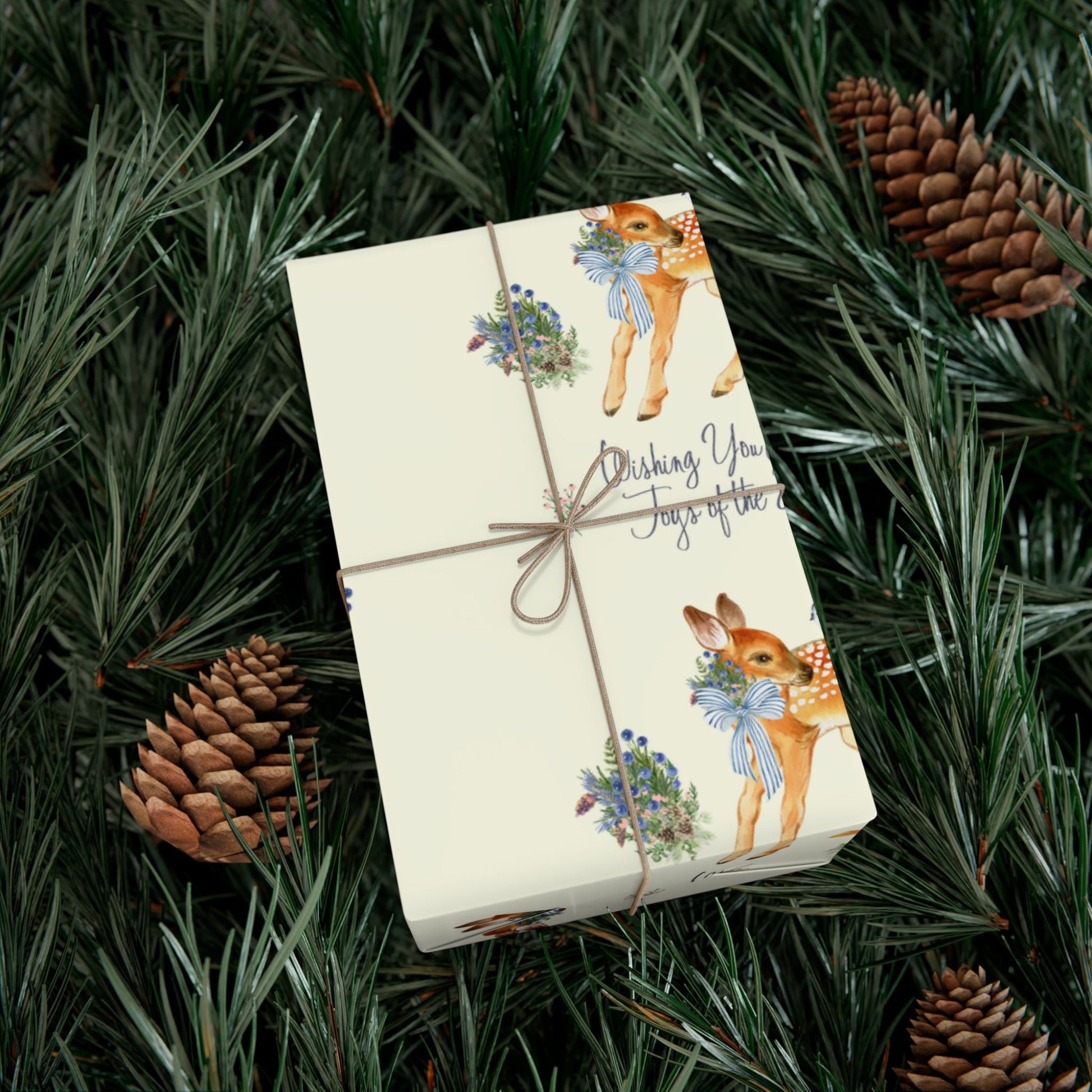 Chinoiserie Christmas Deer Wrapping Paper Rolls, Holiday Gift Packaging, Festive Xmas Patterns, Vintage Woodland Printify