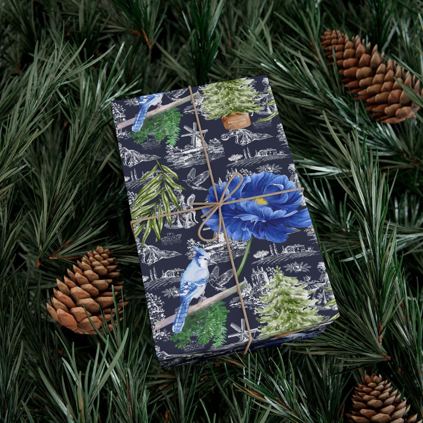 Blue Floral with Christmas Greenery Wrapping paper Printify