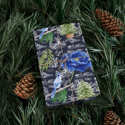 Blue Floral with Christmas Greenery Wrapping paper Printify