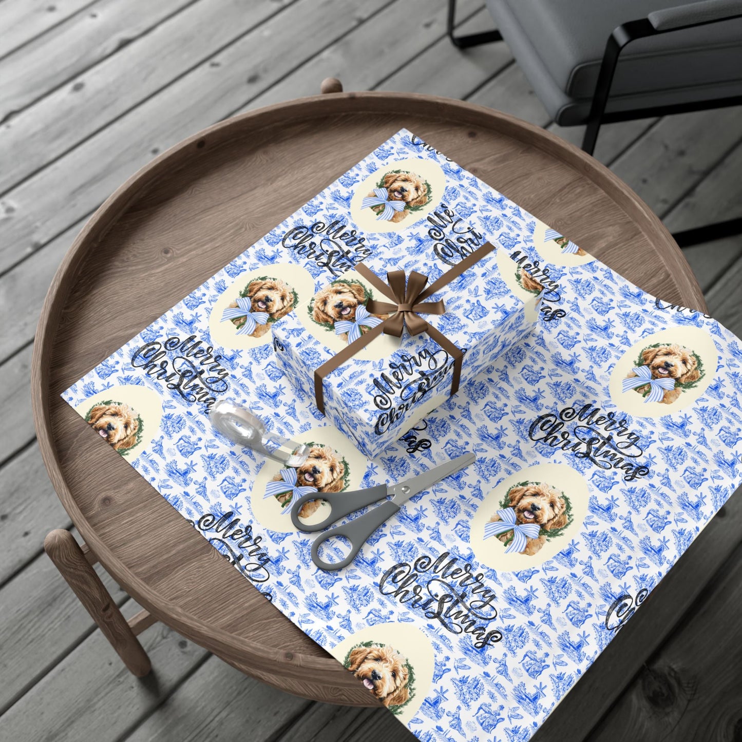 Vintage Blue Toile Goldendoodle Christmas Wrapping Paper Printify