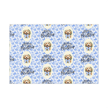 Vintage Blue Toile Goldendoodle Christmas Wrapping Paper Printify