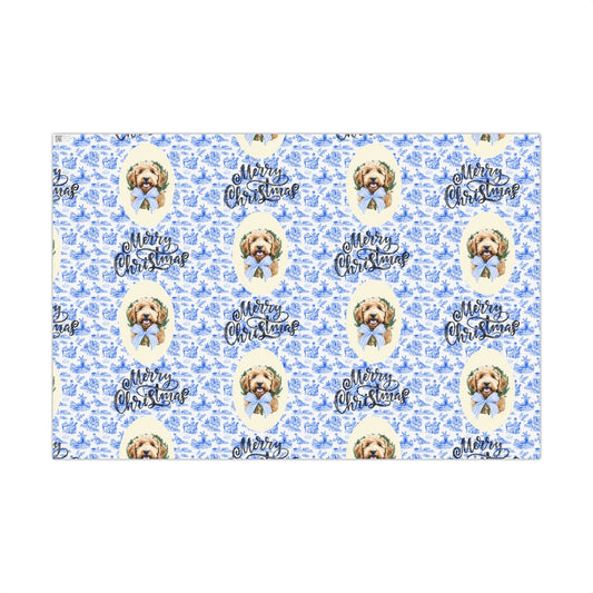 Vintage Blue Toile Goldendoodle Christmas Wrapping Paper Printify
