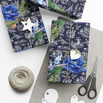 Blue Floral with Christmas Greenery Wrapping paper Printify